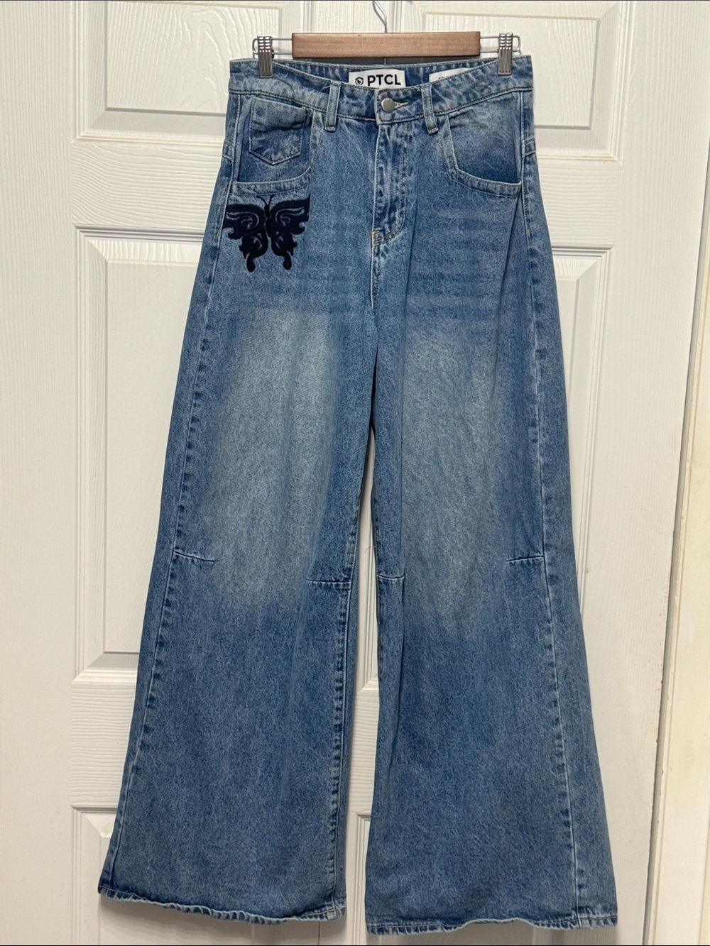 TCL Light Blue Wide-Leg Jeans with Black Embroidery